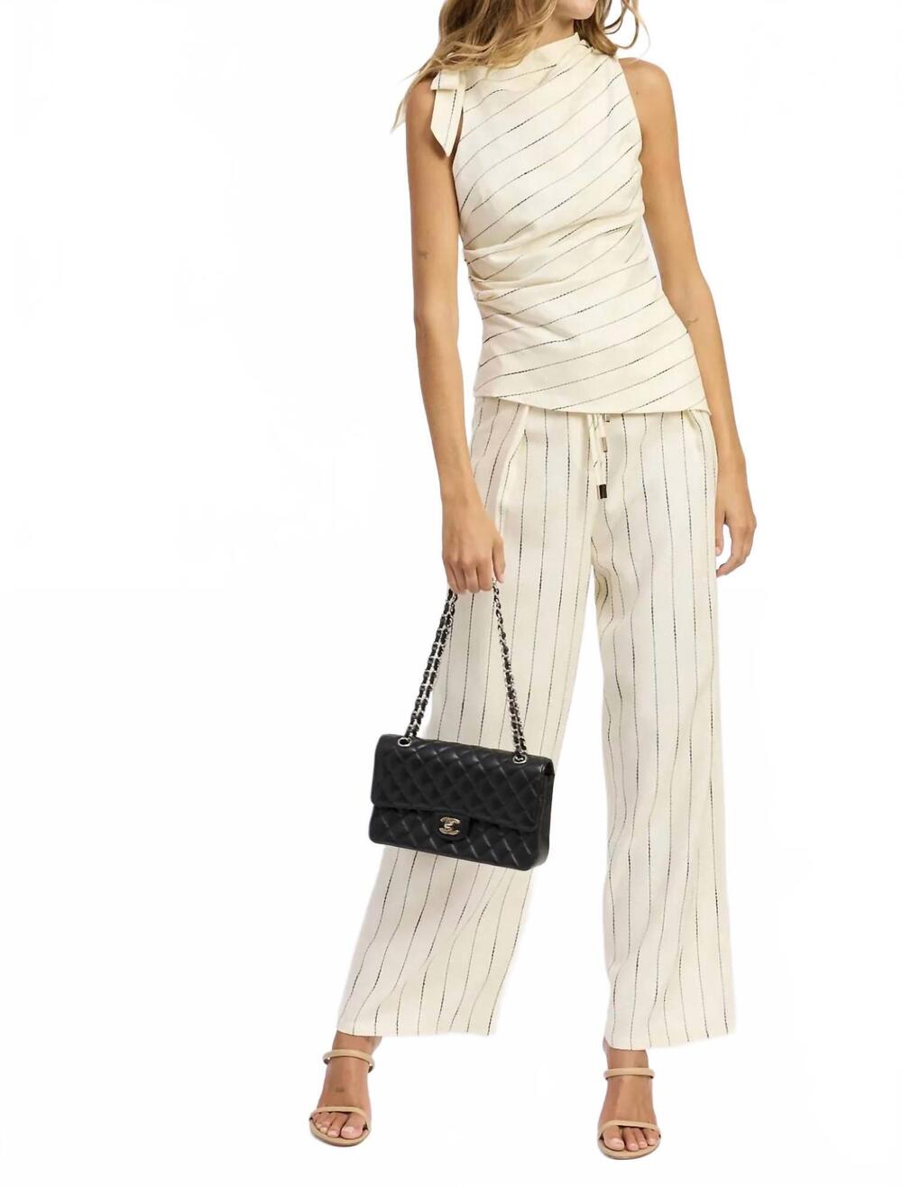 NEW EN SAISON double tie belt detail pleated pinstripe trouser in beige